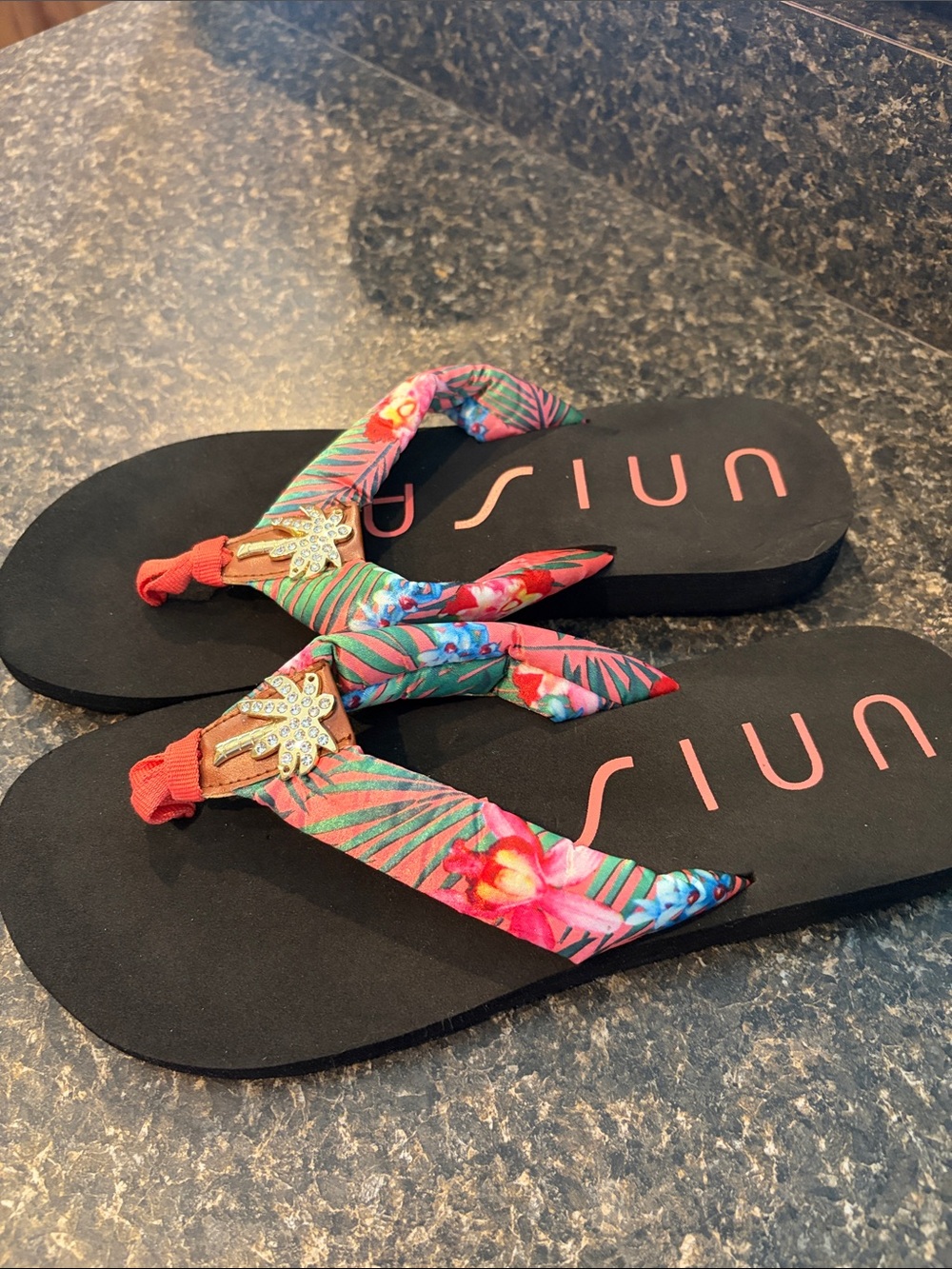 Unisa Black Flip Flops with Tropical Pink & Green Straps - Picture 3 of 5